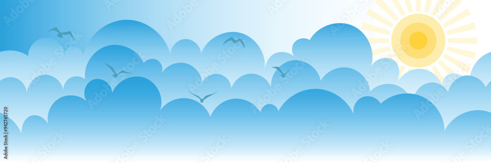 Vector drawing of sky, sun in the clouds, cartoon illustration, natural background Vector drawing of sky, sun in the clouds, cartoon illustration, natural background