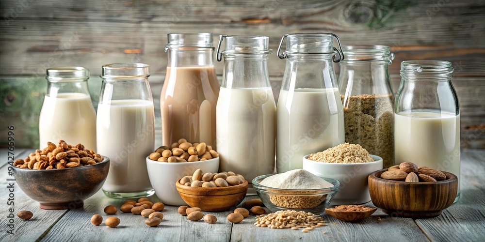 Close up of different non-dairy milk alternatives in various containers, perfect for a vegan lifestyle or lactose intolerance Close up of different non-dairy milk alternatives in various containers, perfect for a vegan lifestyle or lactose intolerance