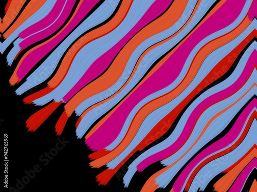 Abstract colorful background with wavy lines in blue, pink, orange and red colors on a black background. Perfect for websites, social media, and print projects.