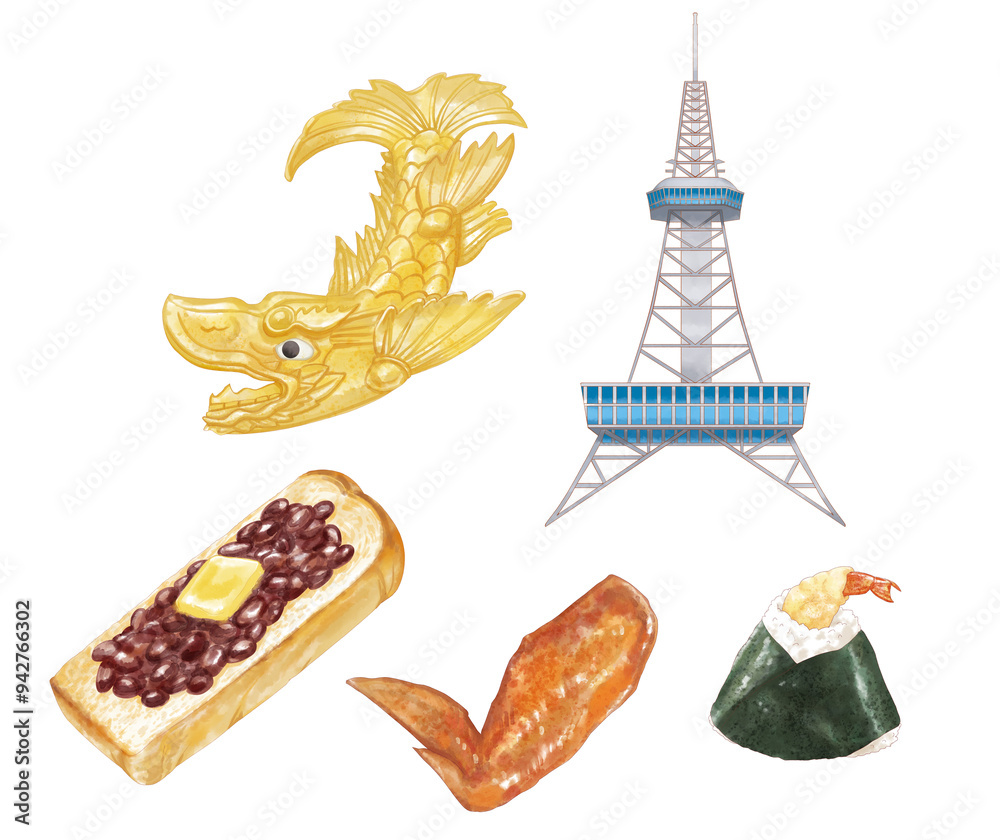 名古屋の名物料理と観光地のイラスト素材 名古屋の名物料理と観光地のイラスト素材