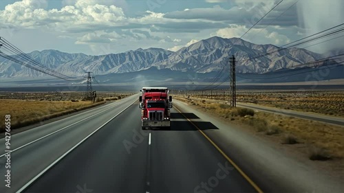 A red semi truck is driving down a long, empty road in the desert. The truck is the only vehicle on the road, and the vast, empty landscape around it creates a sense of solitude and isolation