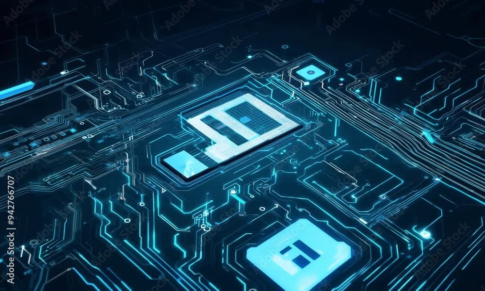 Exploring the intricate details of a futuristic circuit board illuminated by vibrant blue light effects in a high-tech environment. Generative AI Exploring the intricate details of a futuristic circuit board illuminated by vibrant blue light effects in a high-tech environment. Generative AI