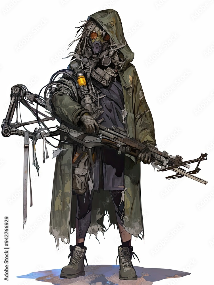 Fototapeta premium Post-apocalyptic survivor holding a weapon and wearing a gas mask