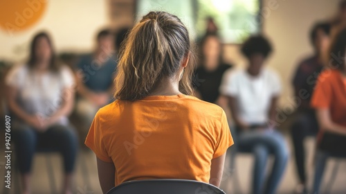 Woman in Orange T-Shirt Facing a Group in a Circle