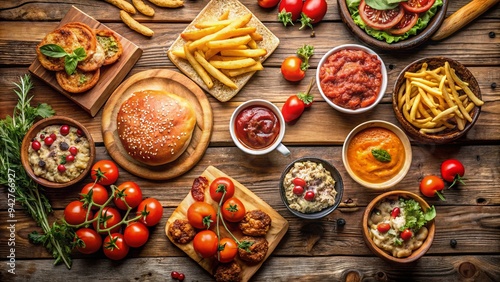 Wallpaper Mural Top view of appetizing fast food spread on a rustic wooden table, including burgers, pizza, French fries, dips, and tomatoes Torontodigital.ca
