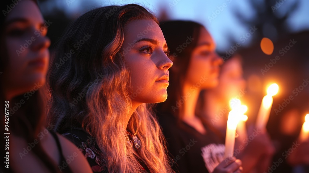 Young Woman Holding a Candle in a Crowd Young Woman Holding a Candle in a Crowd