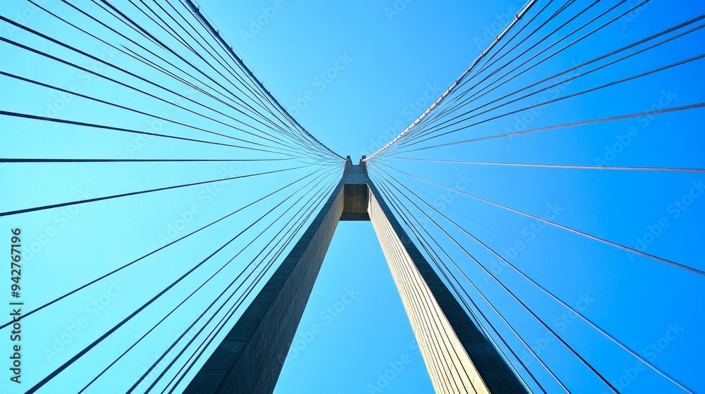 Obraz premium This is a stunning view of a modern suspension bridge captured from below. The blue sky enhances the architectural beauty. Perfect for urban or structural design themes. AI