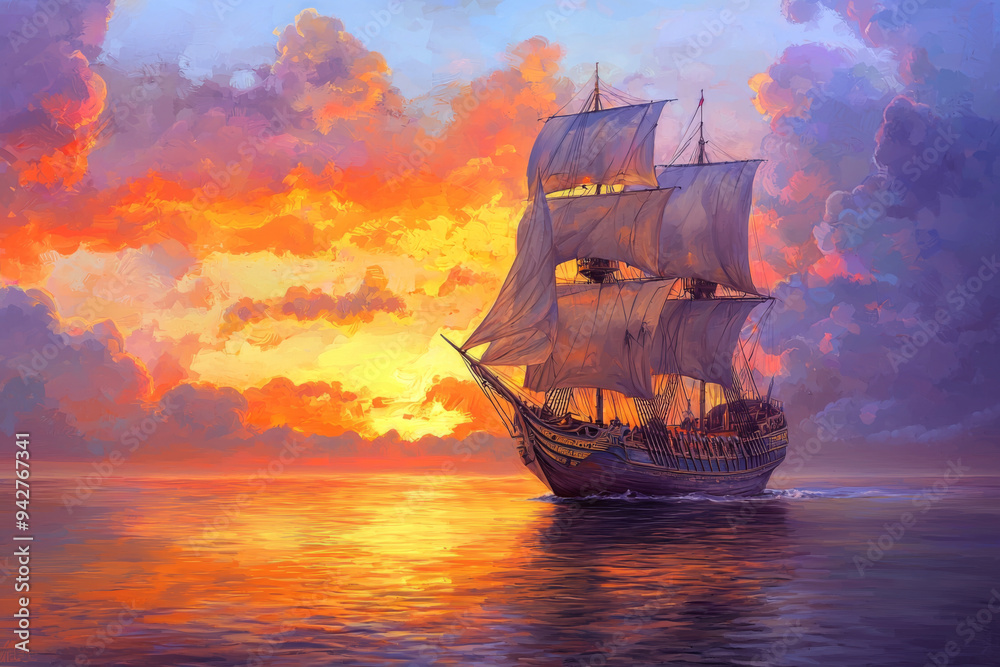 Naklejka premium A Tall Ship Sails Through a Dramatic Sunset Sky