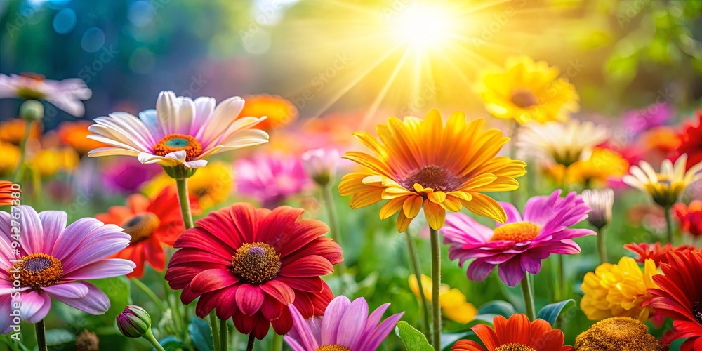 Fototapeta premium Vibrant flowers blooming under the sun, showcasing colorful petals in a botanical setting