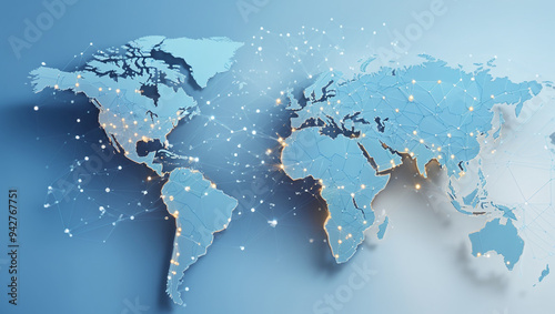 A light blue world map, showing connections between locations with light dots.