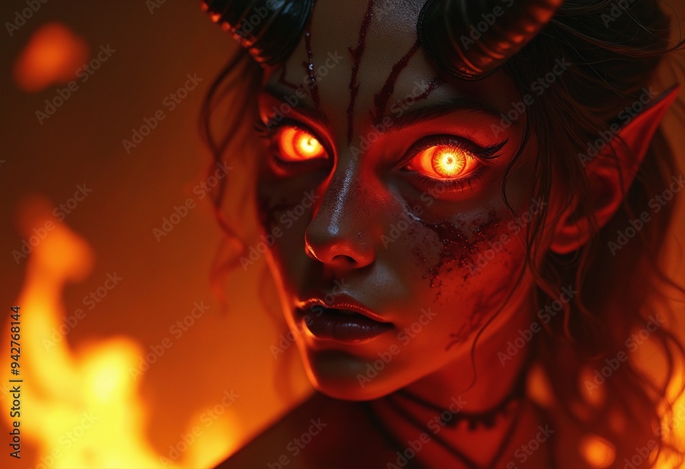 A beautiful, seductive, malevolent fire demon, with blazing red detailed eyes A beautiful, seductive, malevolent fire demon, with blazing red detailed eyes