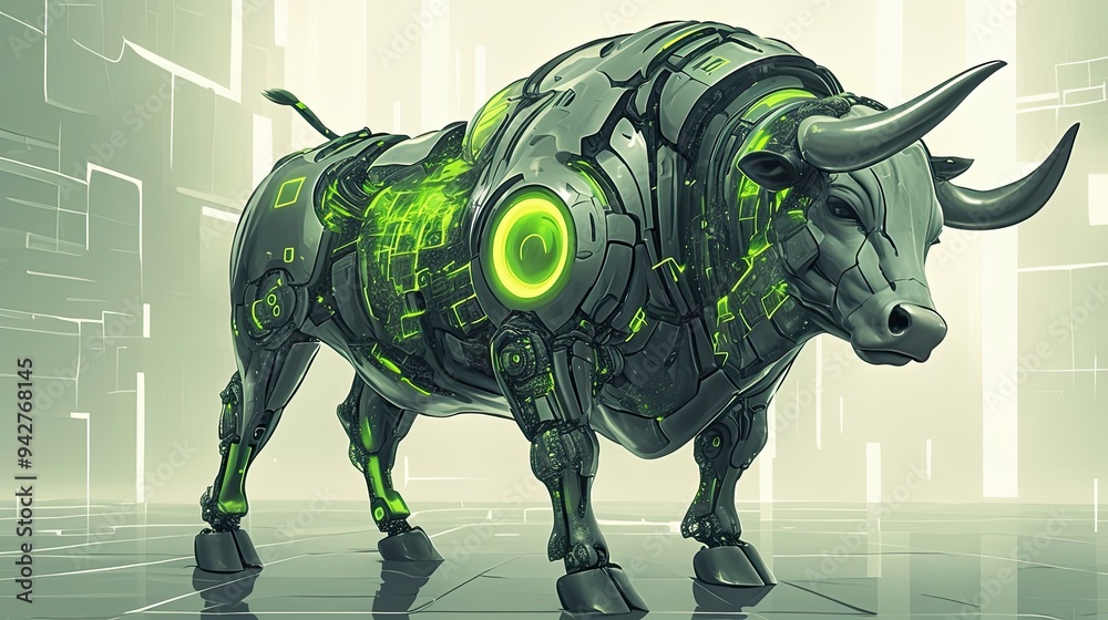 A robotic bull with green glowing circuitry stands on a futuristic surface A robotic bull with green glowing circuitry stands on a futuristic surface