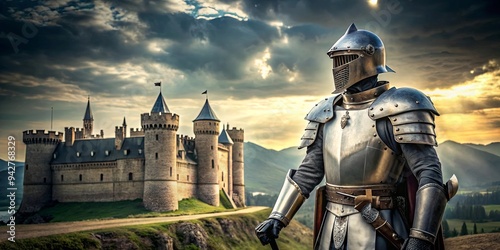 A lone knight in full armor gazes towards a majestic castle in the distance