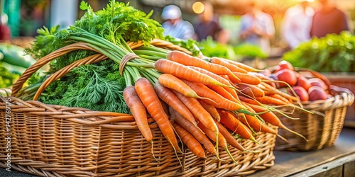 Fresh carrots in a rustic basket at a bustling market under natural daylight