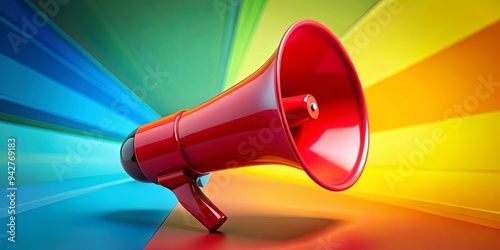 A vibrant red megaphone on a colorful background, ideal for communication and promotion photo