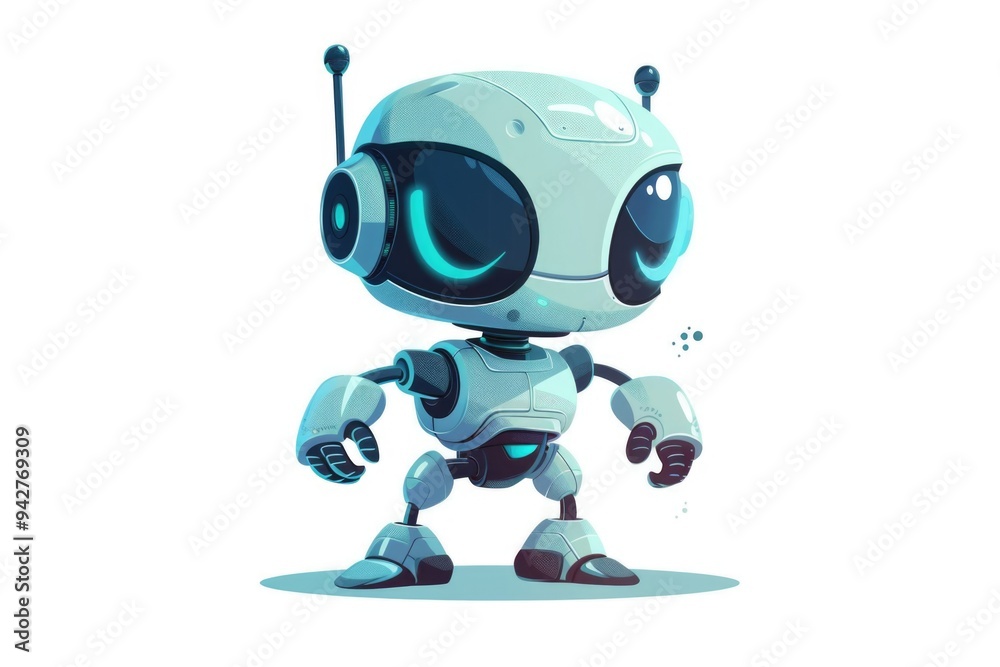 A futuristic robot with bright blue eyes posed against a clean white background A futuristic robot with bright blue eyes posed against a clean white background