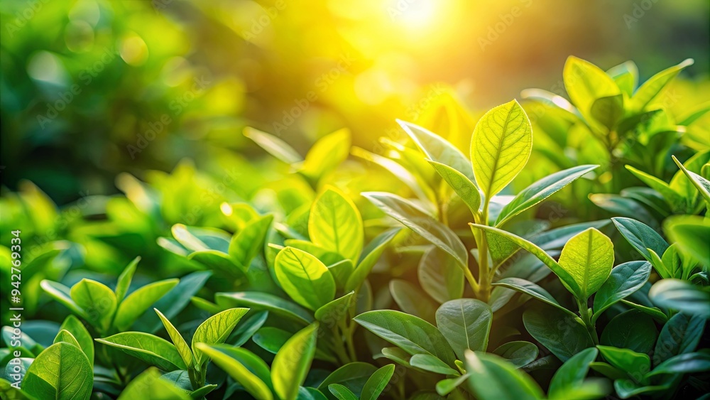 Closeup of vibrant organic plants in morning sunlight, showcasing the fresh green foliage in nature Closeup of vibrant organic plants in morning sunlight, showcasing the fresh green foliage in nature