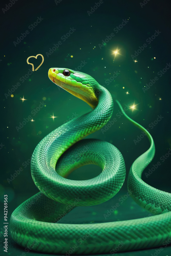 Green snake on the background of the lights with a bokeh effect for the design of cards and invitations for the Christmas holidays. Green snake on the background of the lights with a bokeh effect for the design of cards and invitations for the Christmas holidays.