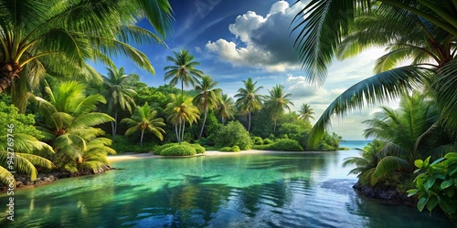 Tropical island oasis with greenery and lush jungle backdrop for a relaxing escape