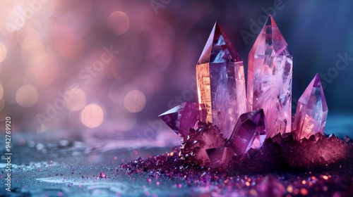 Purple Crystal Mystique:  A cluster of ethereal purple crystals gleams in the soft glow of a magical, ethereal light. Their intricate facets shimmer with an otherworldly beauty photo