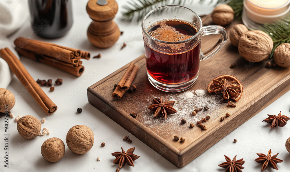 Mulled wine on dark marble background. Ingredients for making mulled wine, top view. Christmas decoration. Christmas mulled wine with spices.Space for text. Copy space. Mulled wine on dark marble background. Ingredients for making mulled wine, top view. Christmas decoration. Christmas mulled wine with spices.Space for text. Copy space.