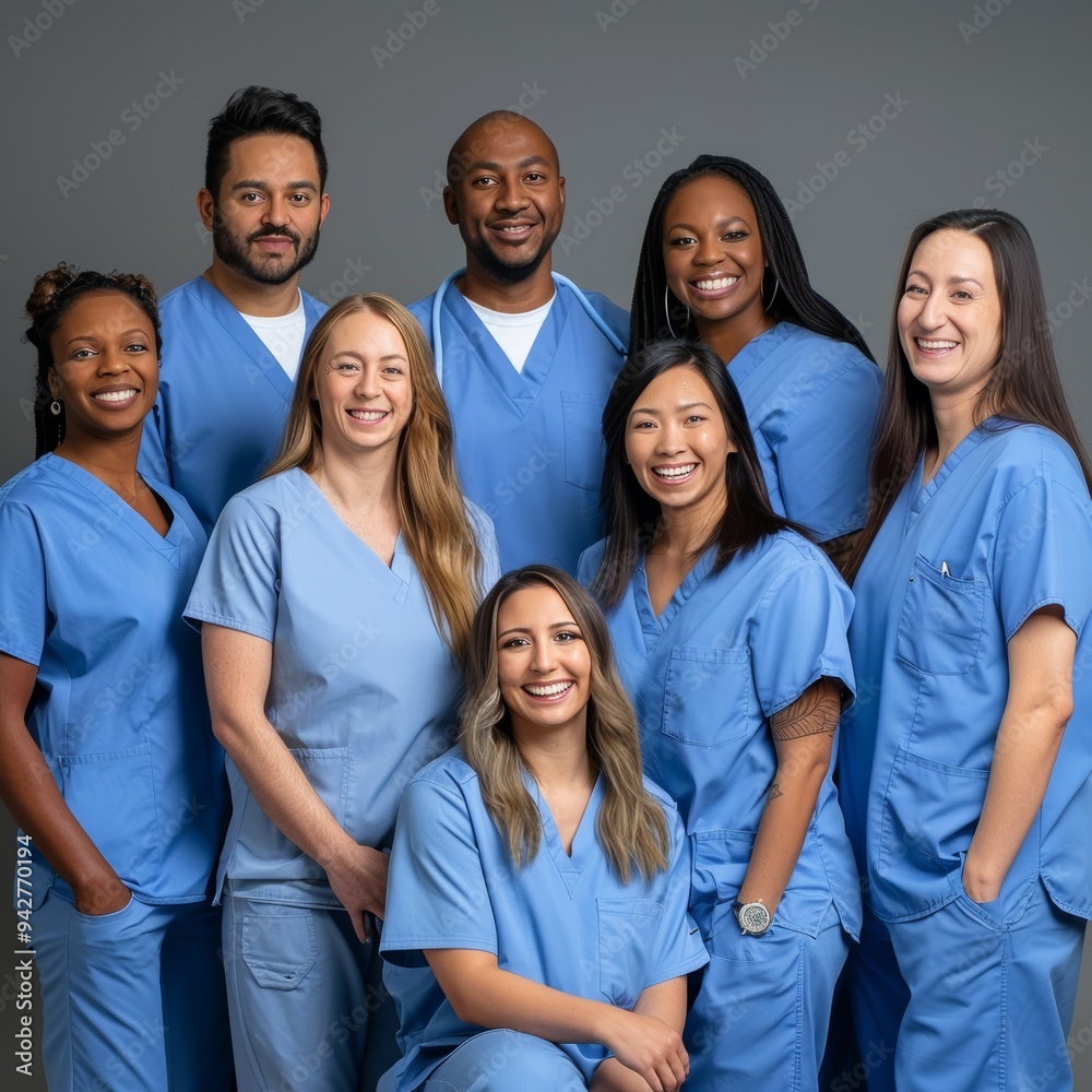 Healthcare Heroes: A diverse team of healthcare professionals in blue scrubs, radiating warmth, competence, and compassion. Their united front embodies the spirit of collaboration Healthcare Heroes: A diverse team of healthcare professionals in blue scrubs, radiating warmth, competence, and compassion. Their united front embodies the spirit of collaboration