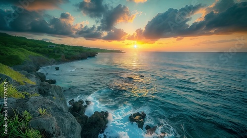 Golden Hour Serenity: Tranquil ocean sunset bathes a rugged coastline in warm light, waves crashing against volcanic rocks - a tropical paradise at twilight. 