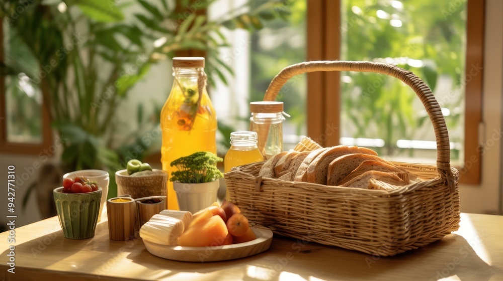 Rustic Kitchen Table with Basket of Bread and Fresh Ingredients Rustic Kitchen Table with Basket of Bread and Fresh Ingredients