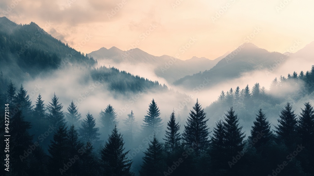The soft glow of dawn illuminates the mountain landscape, as mist clings to tall pine trees and gently envelops the valleys, creating a peaceful atmosphere The soft glow of dawn illuminates the mountain landscape, as mist clings to tall pine trees and gently envelops the valleys, creating a peaceful atmosphere