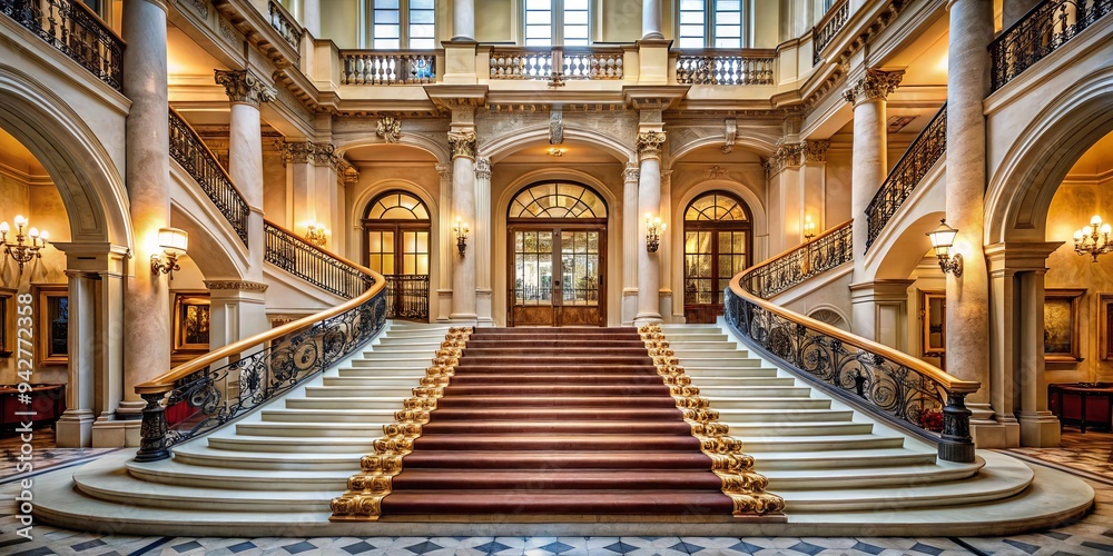 Grand entrance with sweeping staircase leading to a majestic building Grand entrance with sweeping staircase leading to a majestic building