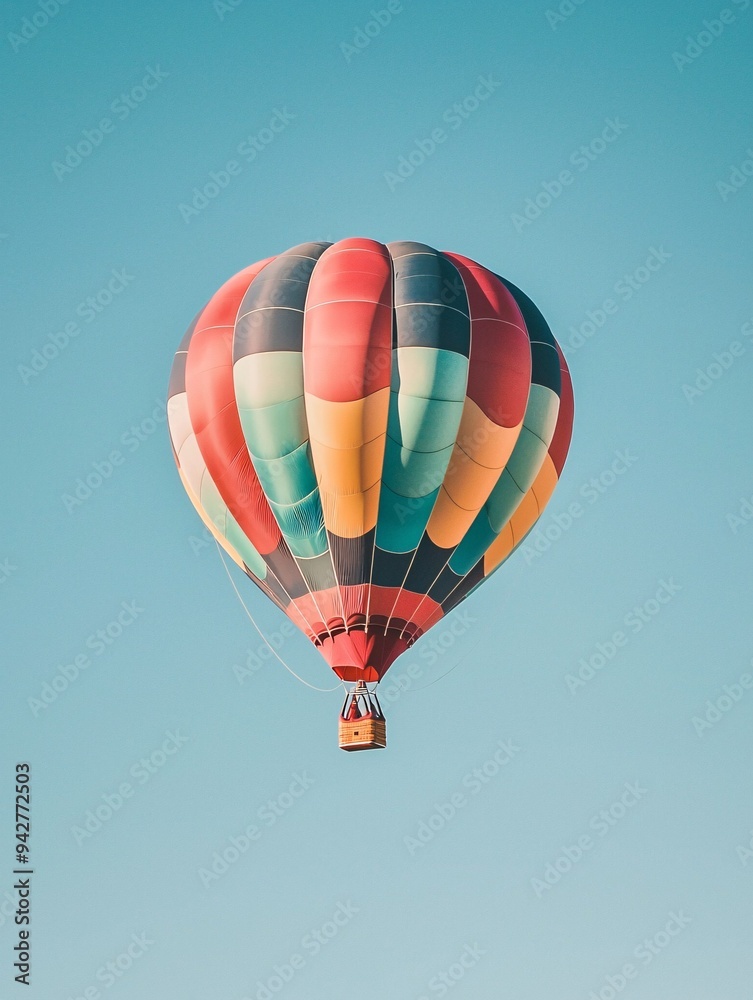 Fototapeta premium A vibrant hot air balloon carries an adventurer high above, soaring through a pristine sky.