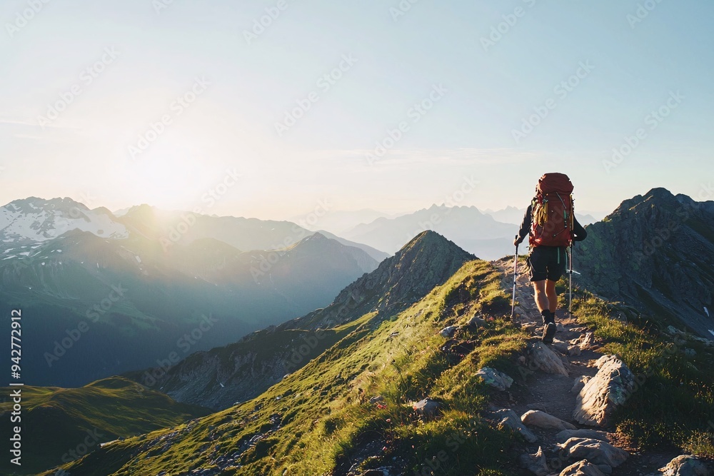 An intrepid explorer ascends a challenging mountain path at dawn, enveloped by stunning vistas and a radiant sky. An intrepid explorer ascends a challenging mountain path at dawn, enveloped by stunning vistas and a radiant sky.
