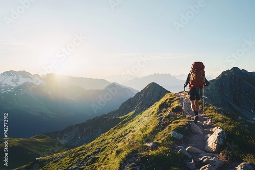 An intrepid explorer ascends a challenging mountain path at dawn, enveloped by stunning vistas and a radiant sky.