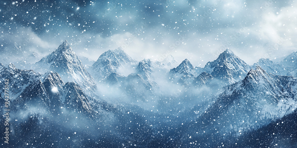 Majestic Snow-Capped Mountain, Snowy Peaks and Misty Clouds, Dramatic Snowstorm Over Rugged Mountain Peaks, Awe-Inspiring Mountain Views. Majestic Snow-Capped Mountain, Snowy Peaks and Misty Clouds, Dramatic Snowstorm Over Rugged Mountain Peaks, Awe-Inspiring Mountain Views.