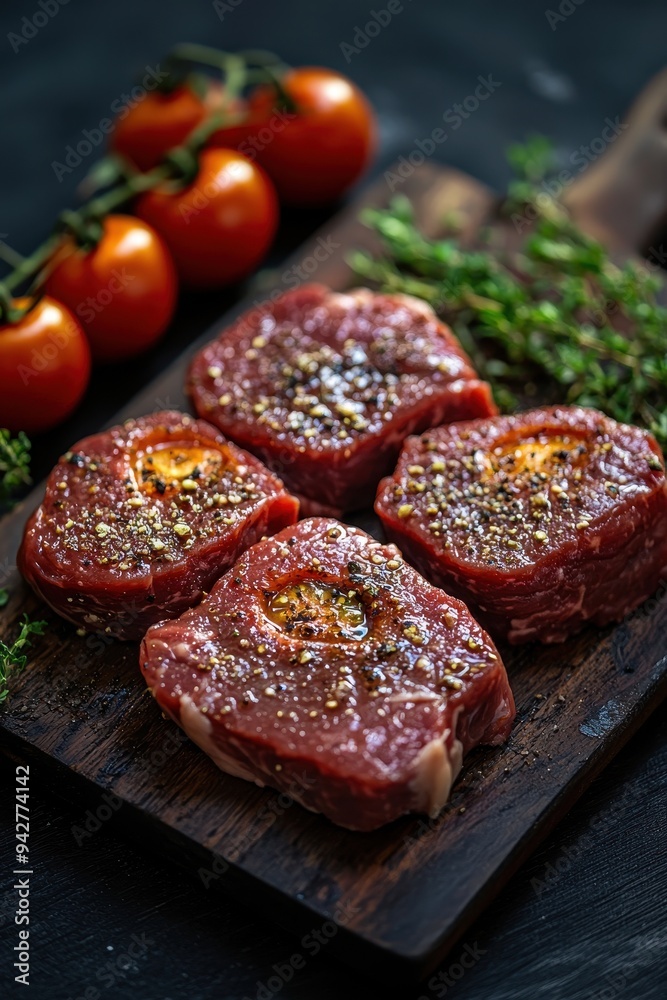 Succulent Beef Steaks with Fresh Tomatoes and Herbs on a Wooden Board Succulent Beef Steaks with Fresh Tomatoes and Herbs on a Wooden Board