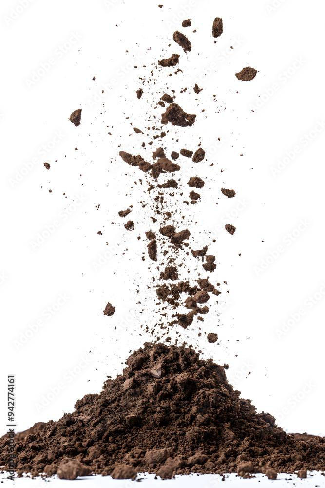 Dry soil explosion side view Isolated on white background	