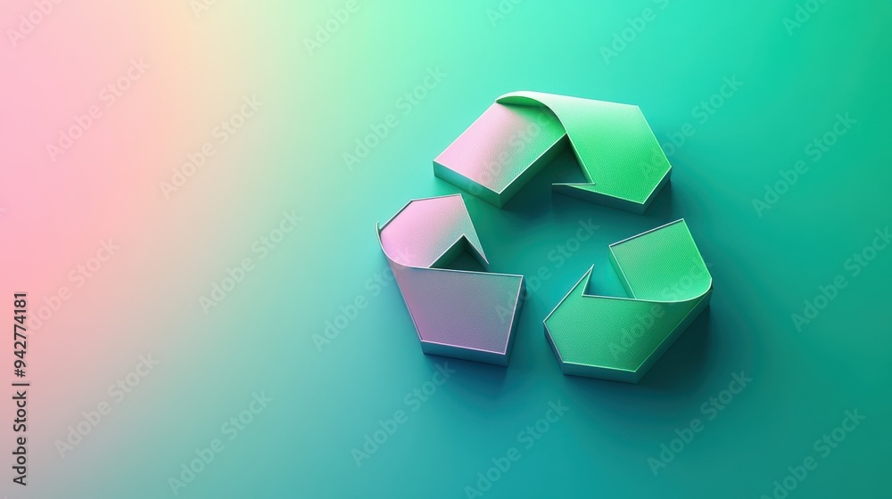 3D green icon of the recycling symbol on a gradient background, in a flat design style with simple shapes and clean lines, creating an elegant yet minimalistic look. 3D green icon of the recycling symbol on a gradient background, in a flat design style with simple shapes and clean lines, creating an elegant yet minimalistic look.