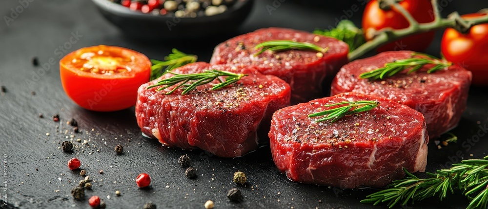 Juicy Steak Slices with Fresh Herbs and Spices on a Dark Background Juicy Steak Slices with Fresh Herbs and Spices on a Dark Background
