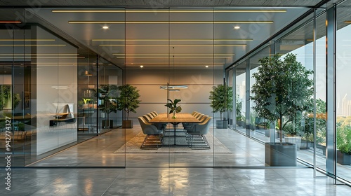 Modern Office Interior with Glass Conference Room and Chairs photo