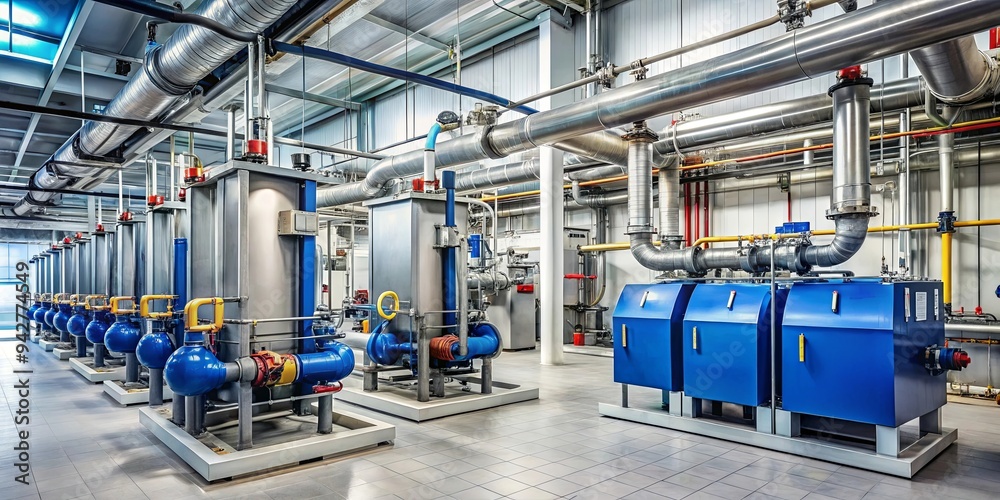 Modern industrial gas boiler room with heating gas boilers pipelines and valves. Industrial setting with gas boilers for heating Modern industrial gas boiler room with heating gas boilers pipelines and valves. Industrial setting with gas boilers for heating
