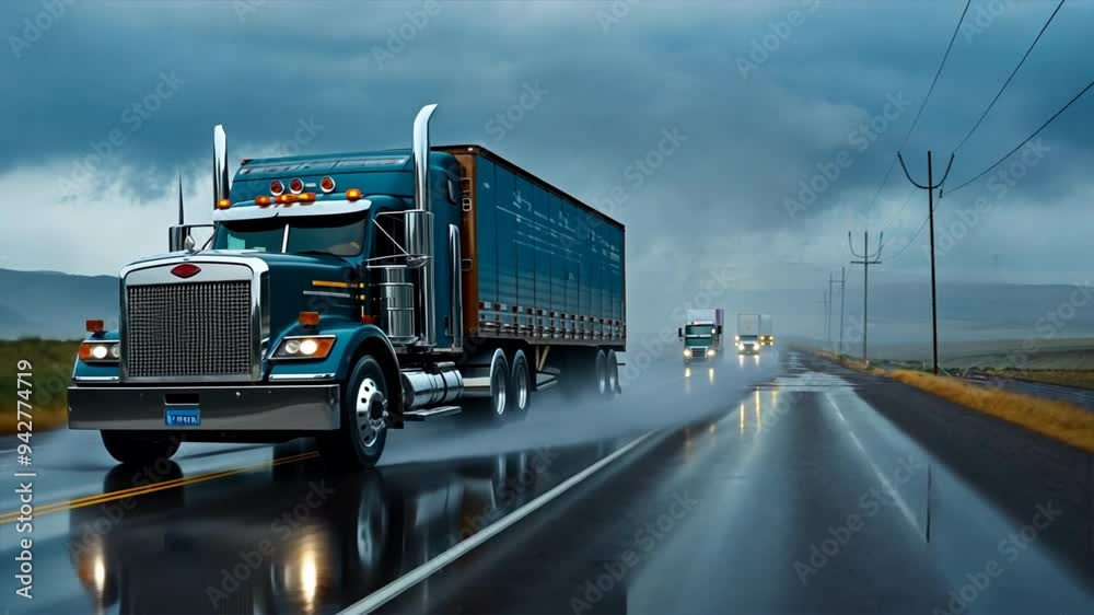A blue semi truck is driving down a wet road. The truck is surrounded ...