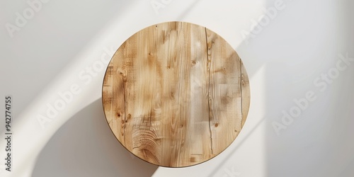 An empty white wooden round table is placed on a white wall background. The layout should be clean and simple. photo