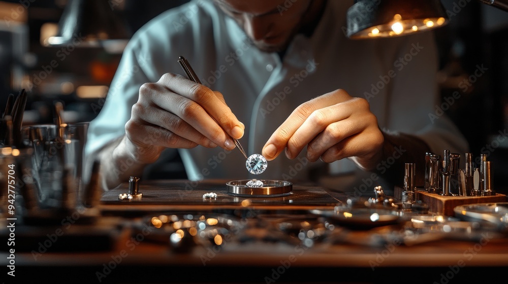 A jeweler focuses intently on setting a gemstone into a piece of jewelry. The workshop is filled with tools and materials, all bathed in warm light, enhancing the artisan's craft A jeweler focuses intently on setting a gemstone into a piece of jewelry. The workshop is filled with tools and materials, all bathed in warm light, enhancing the artisan's craft