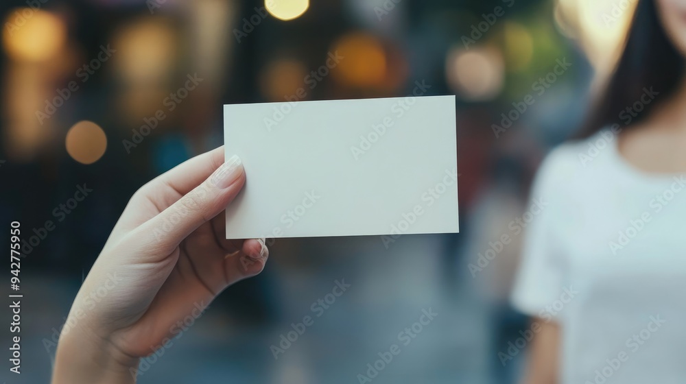 Blank Card Held Out In A Blurred City Background Blank Card Held Out In A Blurred City Background