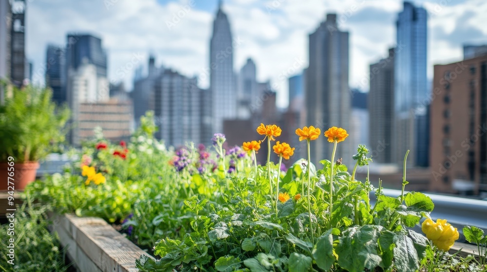 Fototapeta premium A small urban rooftop garden features blooming flowers and lush greenery, with towering city buildings and a clear blue sky forming a beautiful backdrop