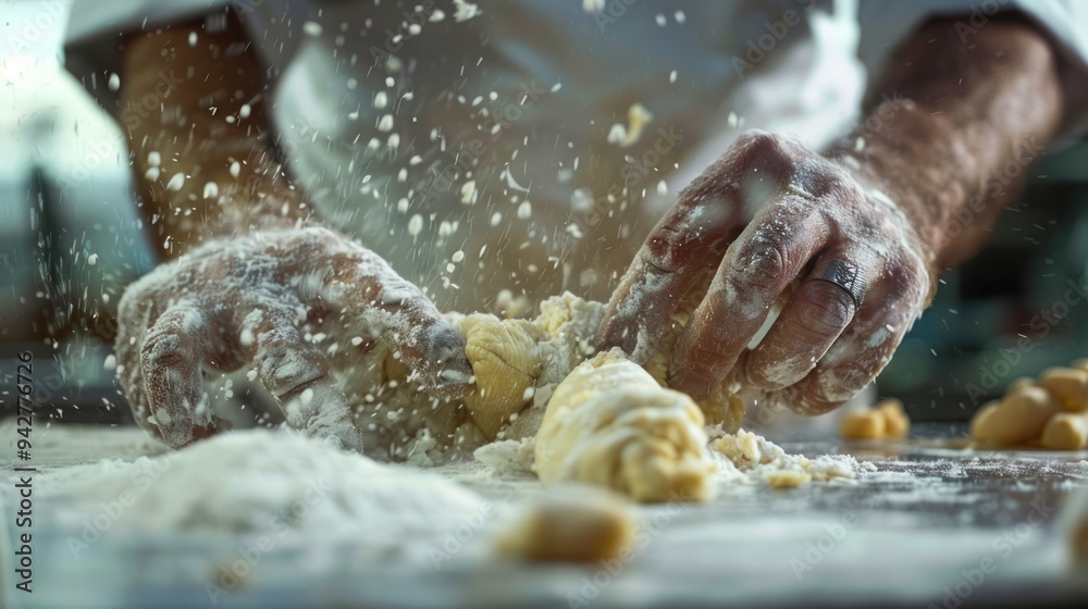 A male chef craftsman cooking is kneading dough by hand on the kitchen table. Close-up photo A male chef craftsman cooking is kneading dough by hand on the kitchen table. Close-up photo