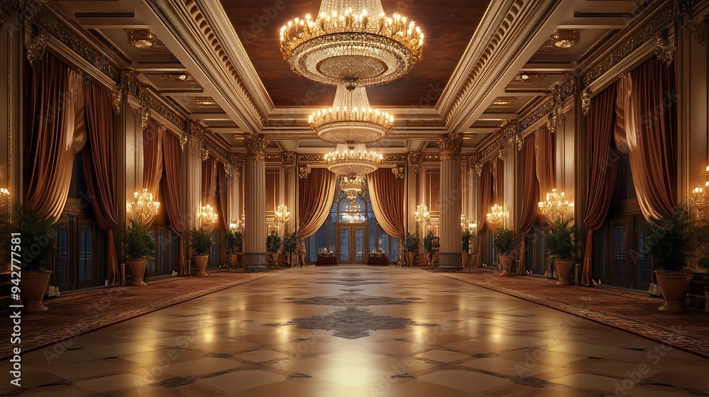 Obraz premium Grand Reception Hall with an Opulent Central Chandelier, Rich Drapes, and Plush Carpets for a Classic Formal Setting