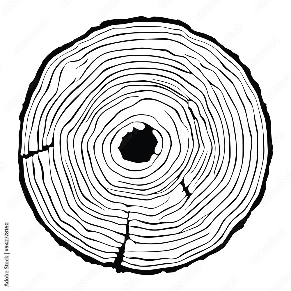 Fototapeta premium Log cut, vector illustration, tree rings pattern, shades of gray 