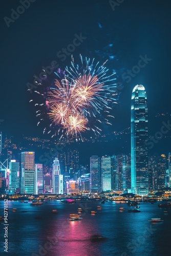 Dazzling Fireworks Display over the Iconic Skyline of Hong Kong