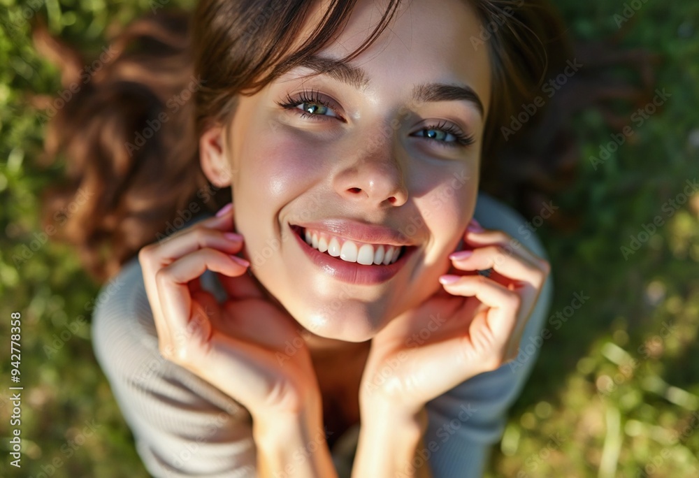 Fototapeta premium A gorgeous woman laying in the grass and showing her perfect hands with a smile